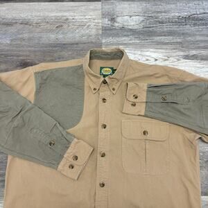 Cabela's Tan Mens LT Green‎ Patch Long Sleeve Button Down Shooting Hunting Shirt